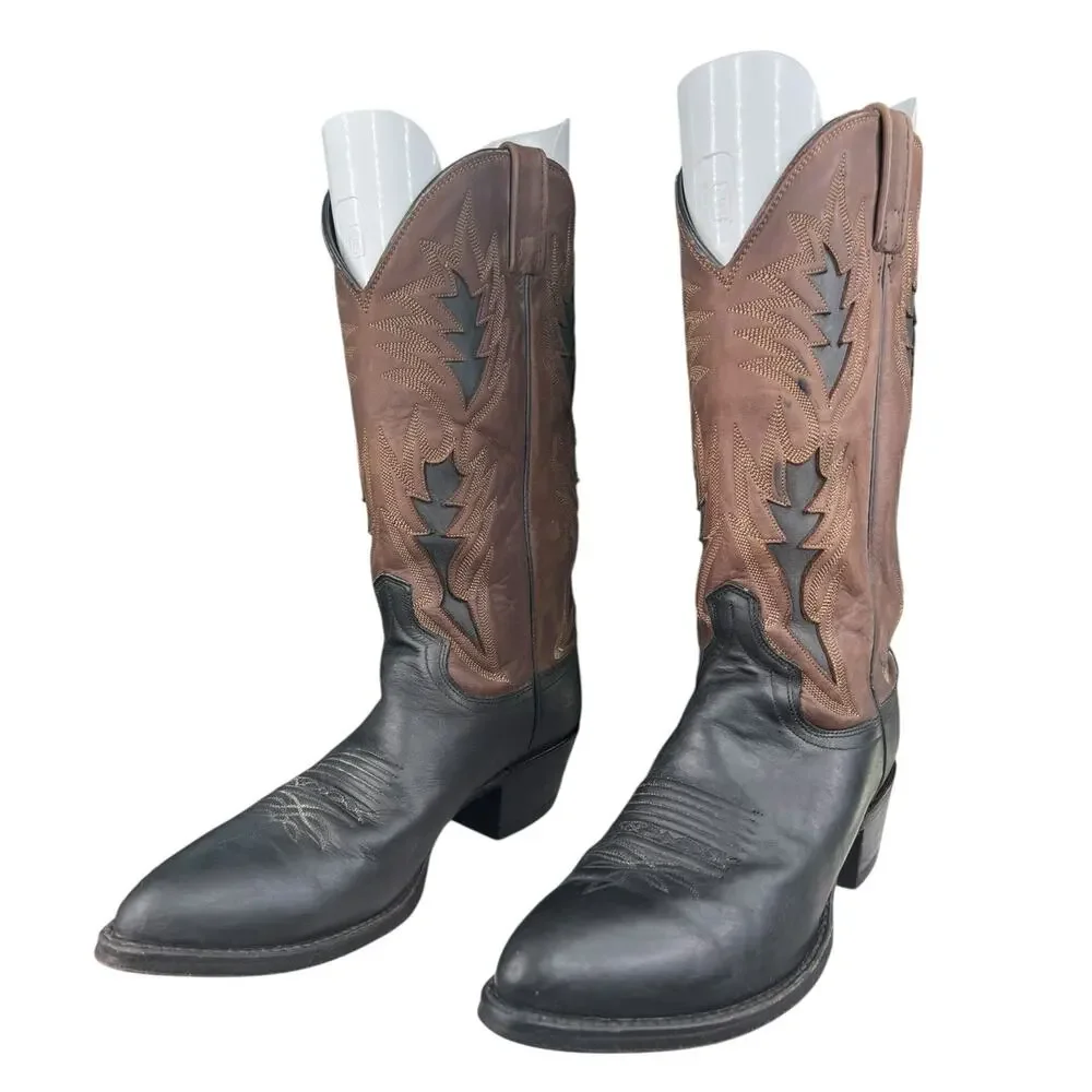 Vintage Dan Post Men’s Black Brown Leather Western Cowboy Boot Size US 9 D